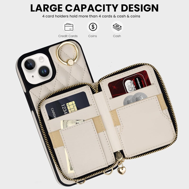 Keallce Case for iPhone 15 Plus 6.7'' Wallet Case, Crossbody Zipper Purse with Handbag Wristlet for Women, RFID Blocking Card Holders, 360° Ring Kickstand Flip Leather Cover for iPhone 15 Plus, Beige - Image 2
